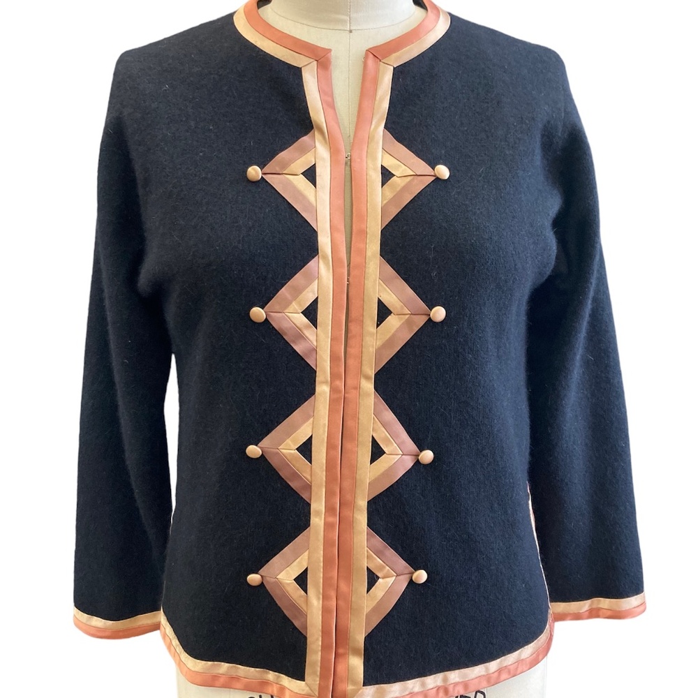 Jeanne Marcoux Black Jacket with Geometric Satin Trim